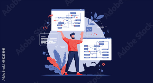 Web developer or programmer standing against a dark background with floating code windows, digital diagrams, and a black cat silhouette.