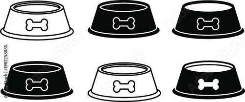 Black and white vector illustration showing multiple dog food bowls with bone icon designs