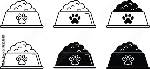 Monochrome vector illustrations depicting pet food bowls with paw prints, in outline and filled styles.