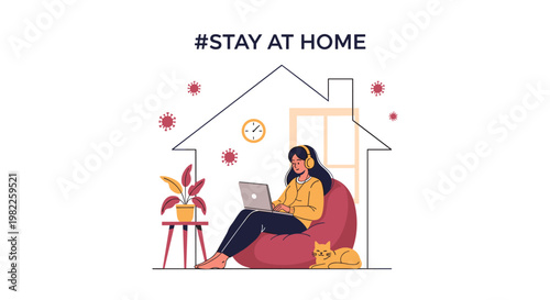 Young woman working on a laptop while sitting comfortably in a beanbag chair at home during the covid-19 quarantine period.