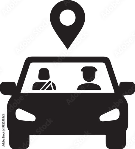 Black car GPS navigation icon, driver and passenger silhouette, location pin symbol, transportation vector