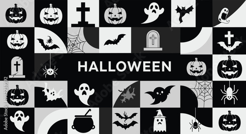 Halloween holiday icon grid featuring pumpkins, ghosts, bats, spiders, graves, and skeletons in a black and white geometric pattern.