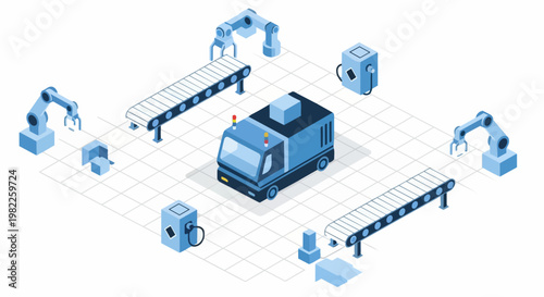 Isometric Smart Factory Illustration with Robotic Arms, Conveyor Belts, and Autonomous Vehicle for Industry 4.0 and Warehouse Automation