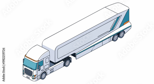 Isometric Modern White Semi Truck with Long Cargo Trailer Isolated on White Background for Logistics and Shipping Illustration