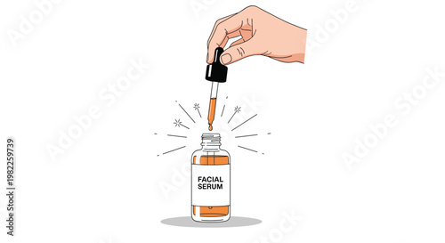 Human hand using a glass dropper to apply facial serum into a bottle for a beauty and skin care routine advertisement.