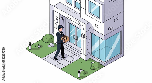 Isometric Illustration of a Professional Courier Delivering a Parcel to a Modern House Entrance