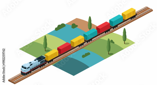 Isometric Freight Train with Colorful Shipping Containers Carrying Cargo Through Countryside Landscape - Global Logistics and Supply Chain Concept