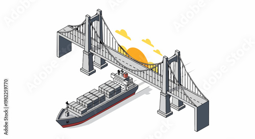 Isometric Cargo Ship Passing Under a Suspension Bridge - Global Logistics, International Trade, and Transportation Infrastructure Concept Illustration