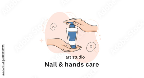 Nail and hands care logo featuring two hands holding a lotion or soap bottle against an abstract soft background for an art studio.