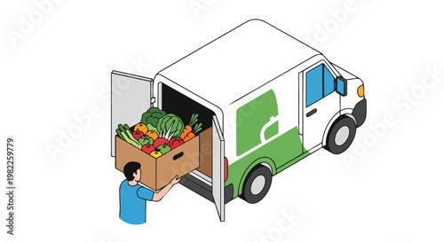 Isometric Grocery Delivery Service: Courier Unloading Box of Fresh Organic Produce from Van