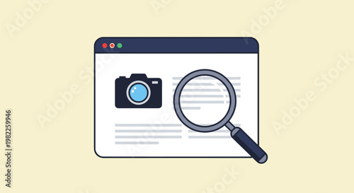 Website browser window showing a camera icon and a magnifying glass for a photo search or image gallery concept on a yellow background.