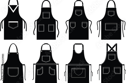 Black apron silhouettes set, kitchen and workshop protective clothing collection, chef and craftsman uniform designs, vector illustration