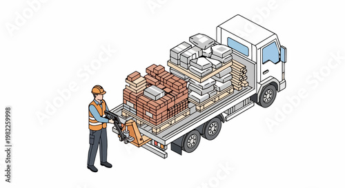 Isometric Construction Logistics Illustration of Worker Loading Building Materials onto Delivery Truck