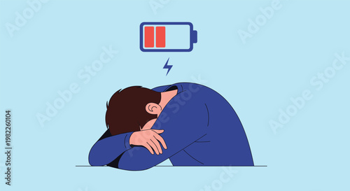 Tired man leaning his head on his arms with a low battery icon above his head representing burnout, fatigue, and exhaustion.