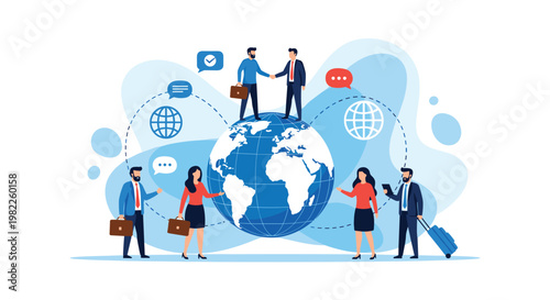 Global business network concept showing professionals shaking hands over a globe with worldwide connections and diverse icons.