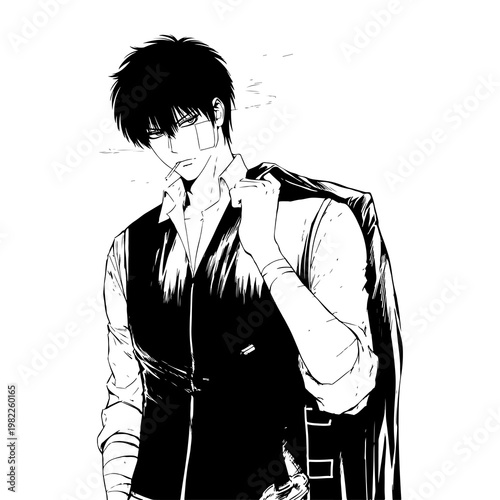 Black and White Anime Illustration of a Stoic Samurai in Modern Uniform
