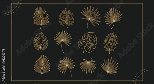 Premium set of golden tropical leaf silhouettes in a geometric grid on a dark textured background for a sophisticated interior decor look.