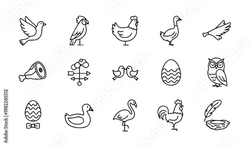 Bird outline icons set with dove parrot chicken goose wings and nature symbols in minimal linear style vector collection