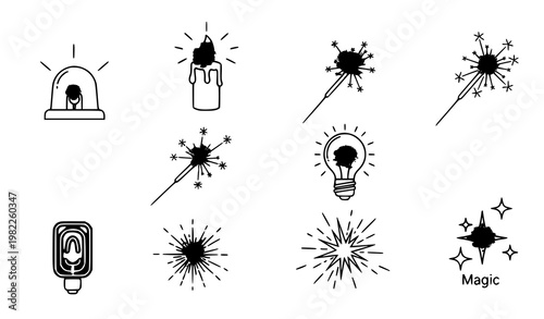 Minimal glowing outline icon set with light effects candle sparklers and neon symbols in abstract modern layout vector