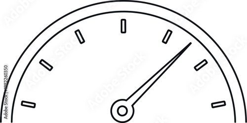 Speedometer gauge icon featuring a thin needle pointing towards the right side indicating high performance levels for automotive or digital data measurement and metric analysis