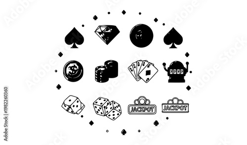 Casino line and filled icons in circular layout with roulette dice cards and betting symbols modern vector set