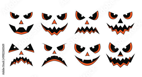 Collection of spooky and humorous pumpkin faces with glowing orange eyes and sharp jagged mouths for Halloween.