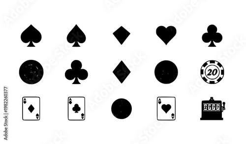Casino icons set with spades diamonds roulette chips coins and playing cards in filled and outline style vector collection