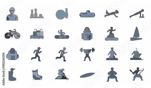 Modern filled activity icon set with sports fitness adventure and lifestyle symbols in abstract layout vector collection