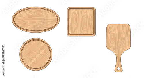 Selection of various wooden cutting boards including round, oval, square, and handled designs shown on a white background.