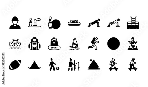 Filled activity icons set with sports fitness outdoor and leisure symbols including bicycle swimming bowling and construction vector