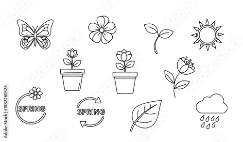 Minimal spring outline icon set with butterfly flower sprout sun and nature elements in abstract modern layout vector