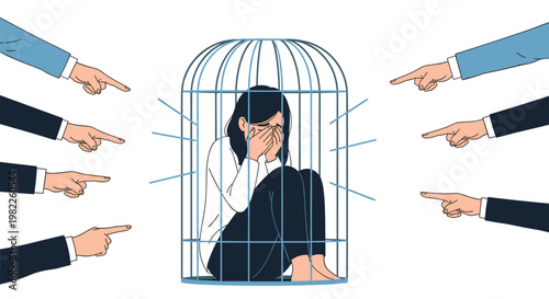 Sad girl sits alone inside a metal cage while several hands point at her to represent the concept of social bullying.