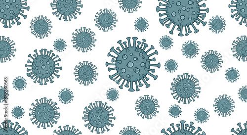 Seamless pattern of microscopic coronavirus cells representing the global health crisis and pandemic on a white background.
