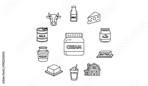 Dairy line icons in circular layout with milk cow cheese butter and farm products modern vector set
