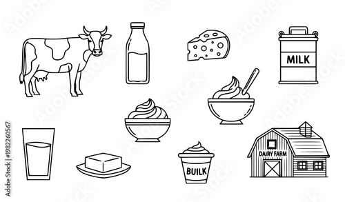 Minimal dairy outline icon set with cow milk cheese butter and farm products in abstract modern layout vector
