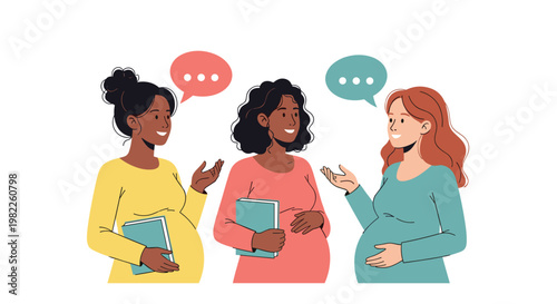 Three pregnant women of different ethnicities enjoy a friendly conversation together while holding books in their hands.