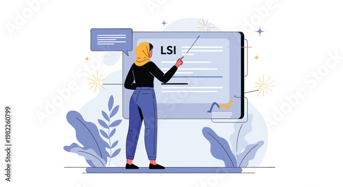 Woman wearing a yellow hijab presents LSI keyword research data on a large digital screen with glowing magic sparks.