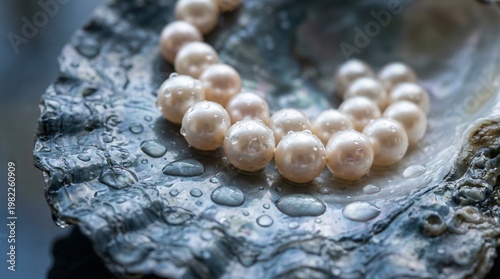 Elegant pearl necklace with water droplets on oyster shell, luxury jewelry macro with soft light and natural texture