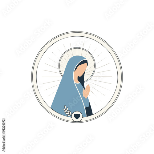 Minimalist Sacred Icon Illustration of a Praying Woman in Blue Veil, Symbolizing Faith and Devotion Within a Circular Frame