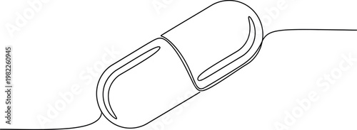 Minimalist continuous line art drawing of a single medical capsule representing health, medicine, and pharmaceutical concepts on a clean white background, perfect for healthcare design projects.
