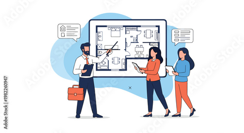 Architect explaining a detailed house floor plan on a large digital screen to two colleagues holding tablets in a modern office.