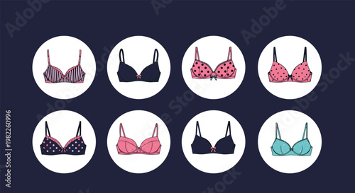 Collection of eight different women's bra styles shown as circular icons on a solid dark blue background for a catalog.