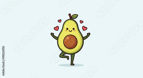 Adorable avocado character practicing yoga in a tree pose with pink hearts floating around on a clean light background.