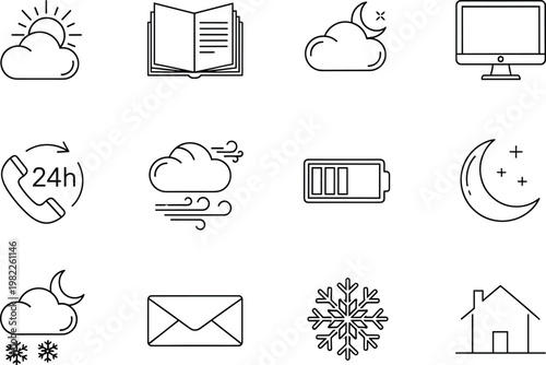 Weather line icon set, sun cloud, moon stars, snowflake, open book, computer monitor, twenty four hour phone support graphic elements.