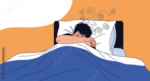 Young man lying in bed and struggling with insomnia or stressful thoughts represented by swirling lines above his head.