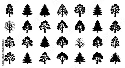 Collection of various tree silhouettes.