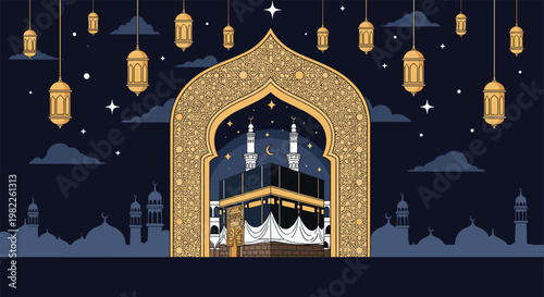 Atmospheric night scene illustration of the Kaaba in Mecca under a starry sky with hanging lanterns and city silhouette.