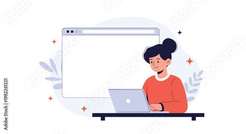 Professional young woman working on her laptop with a large blank internet browser window in the background for copy space.