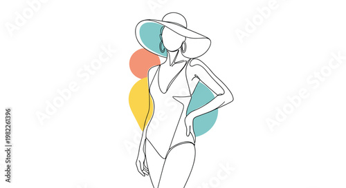 Elegant continuous line drawing of a woman in a swimsuit and large sun hat against abstract colorful background shapes.
