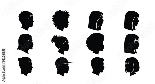 A collection of diverse black silhouettes depicting human heads and profiles in varying styles high quality